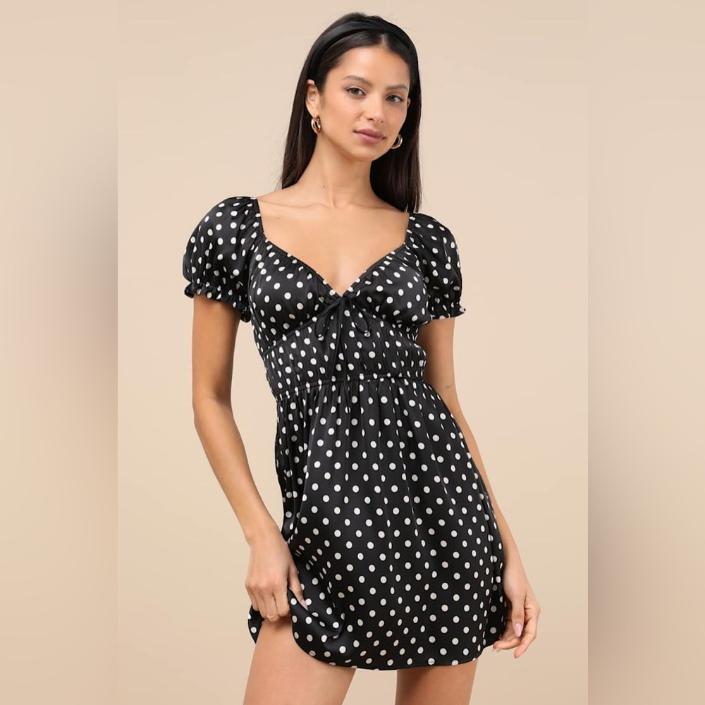 Lulu's Black Polka Dot Puff Sleeve Mini Dress Small